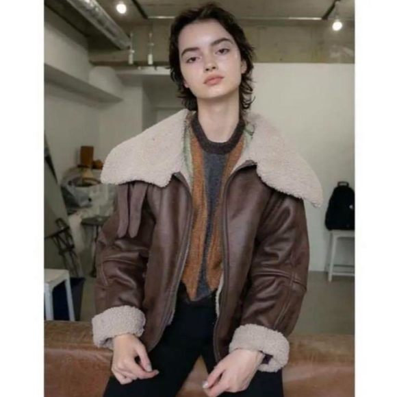 Perverze Jackets & Blazers - PERVERZE Brown Leather Shearling Wide Collar Mouton Bomber Coat Jacket